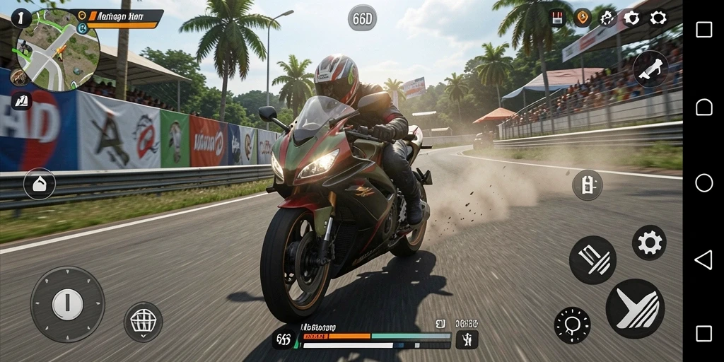 Gambaran gameplay balap motor yang mendebarkan dalam 66D.