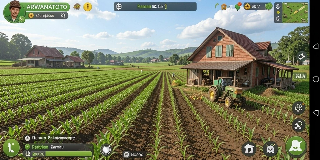 Screenshot gameplay ARWANATOTO yang menampilkan suasana pertanian yang asri.