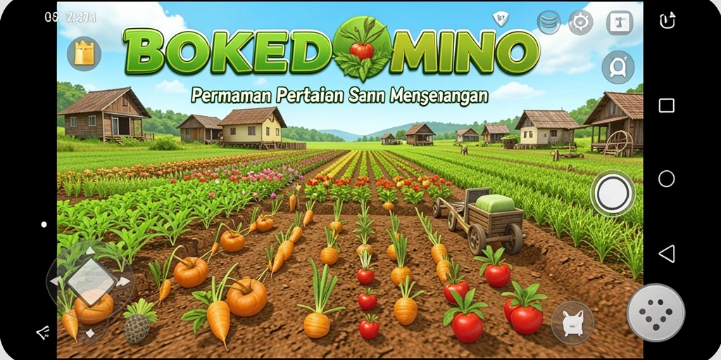 Screenshot gameplay BOKEDOMINO menunjukkan kebun yang hijau dan tanaman subur.