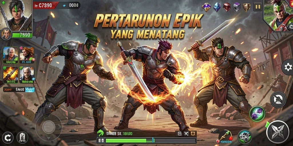 Tampilan gameplay C7890 menampilkan pertarungan epik dengan karakter yang dinamis.