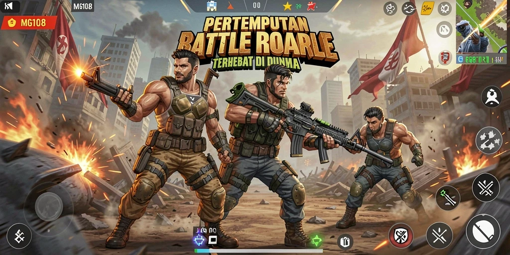 Screenshot MG108 menampilkan gameplay seru di arena Battle Royale.