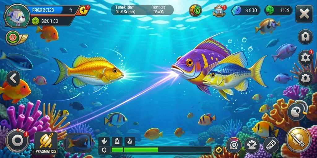 Screenshot gameplay PRAGMATIC123 yang menampilkan aksi menembak ikan.