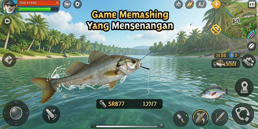 Tampilan gameplay menarik permainan memancing SR877 dengan berbagai lokasi dan ikan.